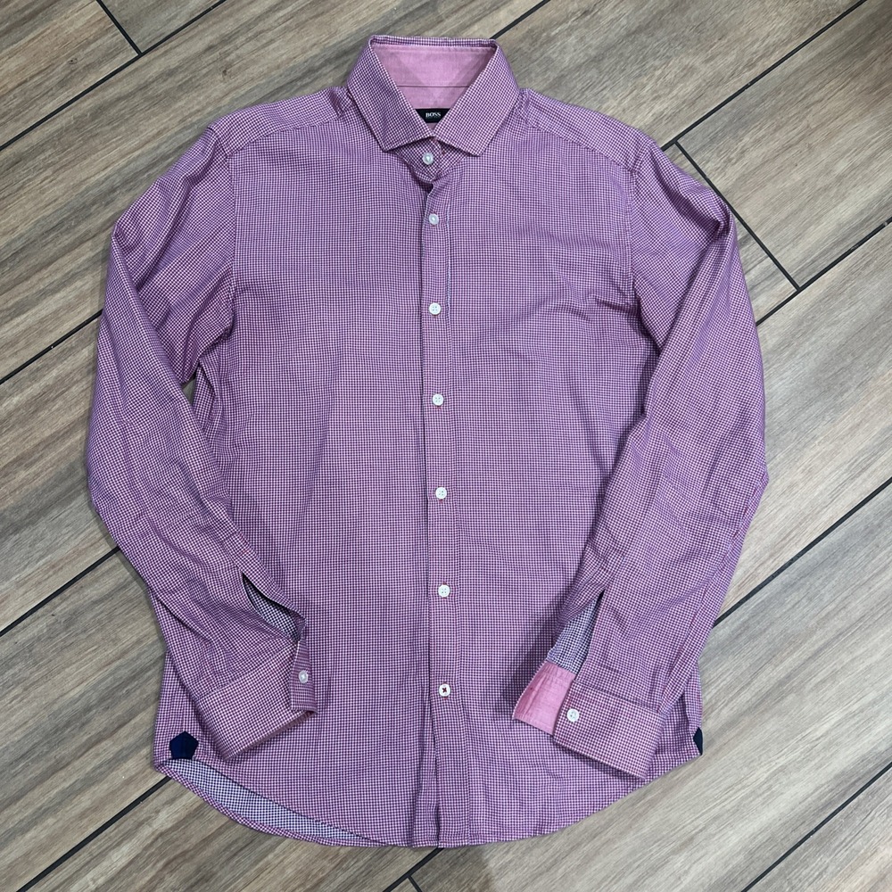 Hugo Boss Mens Regular Fit Red, Pink  & White Checkered Dress Shirt Size Medium